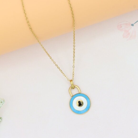 Yellow Gold Evil Eye Lock Necklace, XPNL0295 - Picture 2 of 13